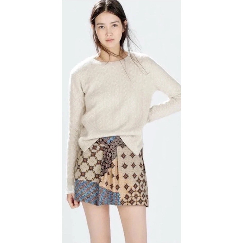 ZARA TRF Trafaluc Patchwork Print Pleated Mini Skirt Sz S Boho Festival Indie